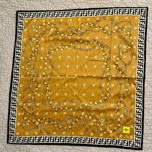 New Fendi Zucca Gold and Black Fine Cotton Scarf, Handkerchief, Twilly, Bandana